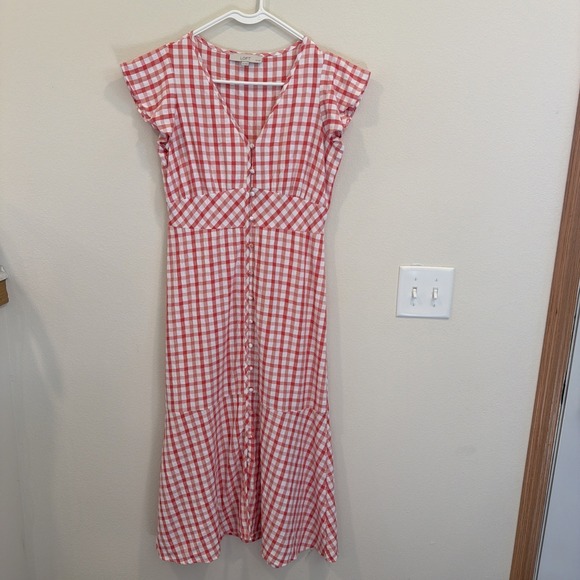 LOFT Dresses & Skirts - Loft Dress Red White Gingham Plaid Flutter Sleeve Midi Picnic Cottage Size 4
